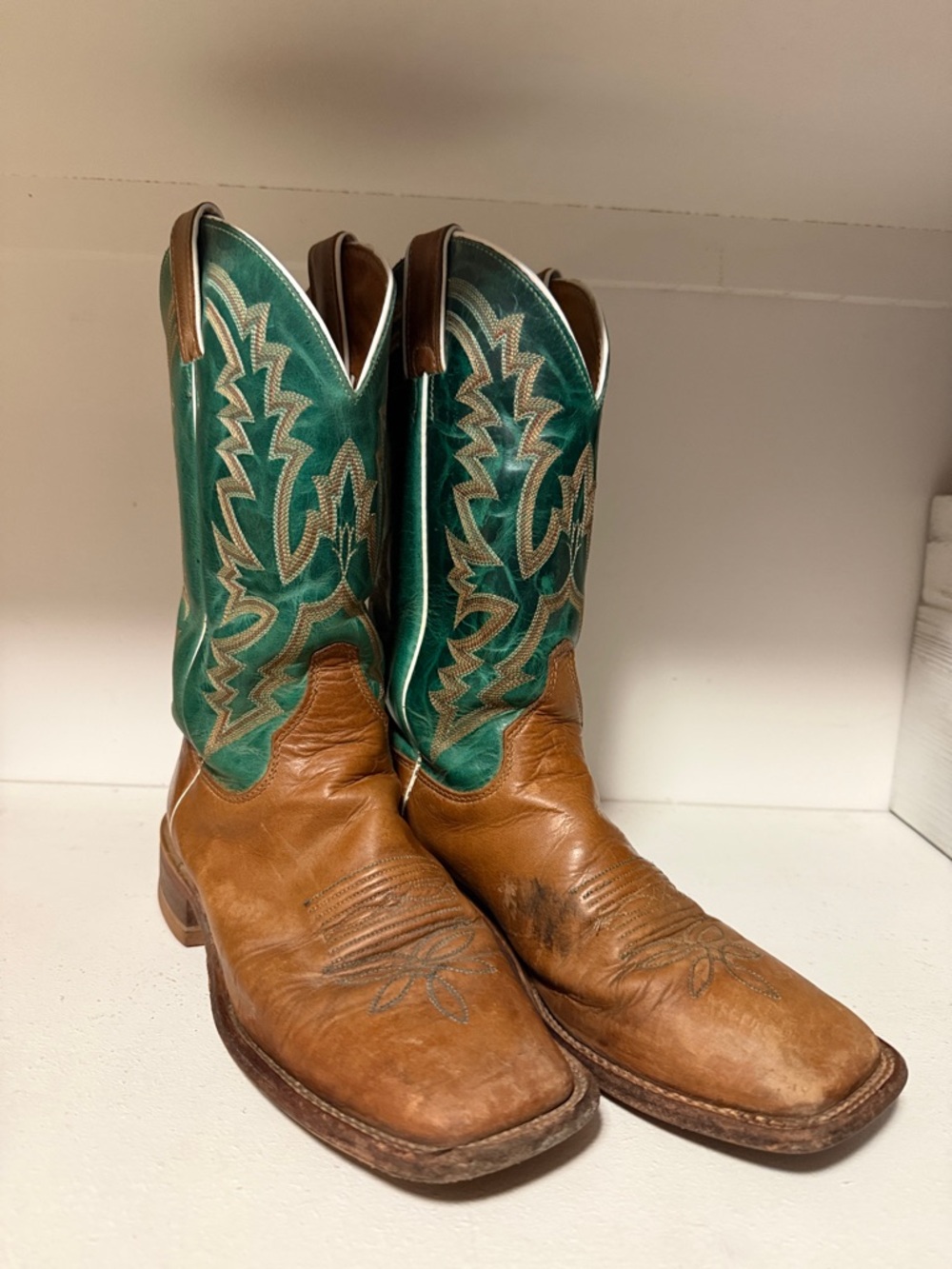 Women’s Justin Brown and Green Leather Cowboy Boots